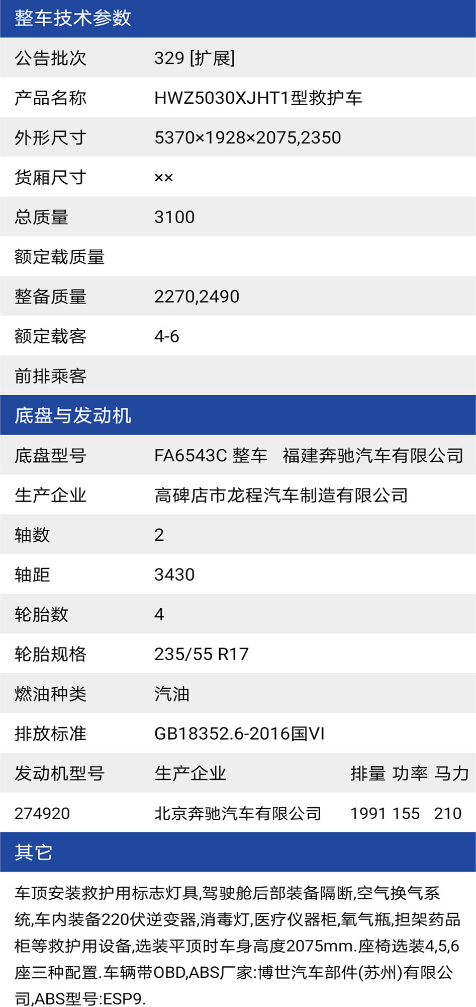 国六奔驰威霆救护车参数表